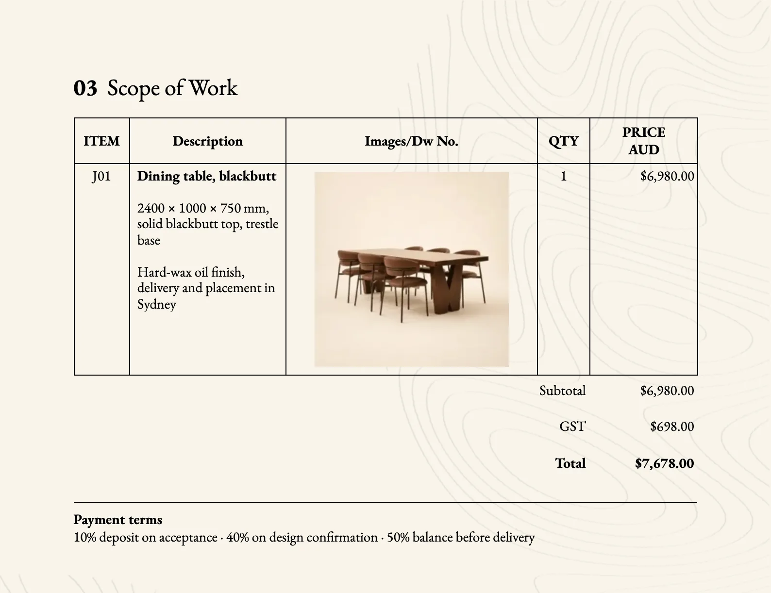 A made-up quotation generated by the portal: item code, picture, totals and the 10, 40, 50 payment terms